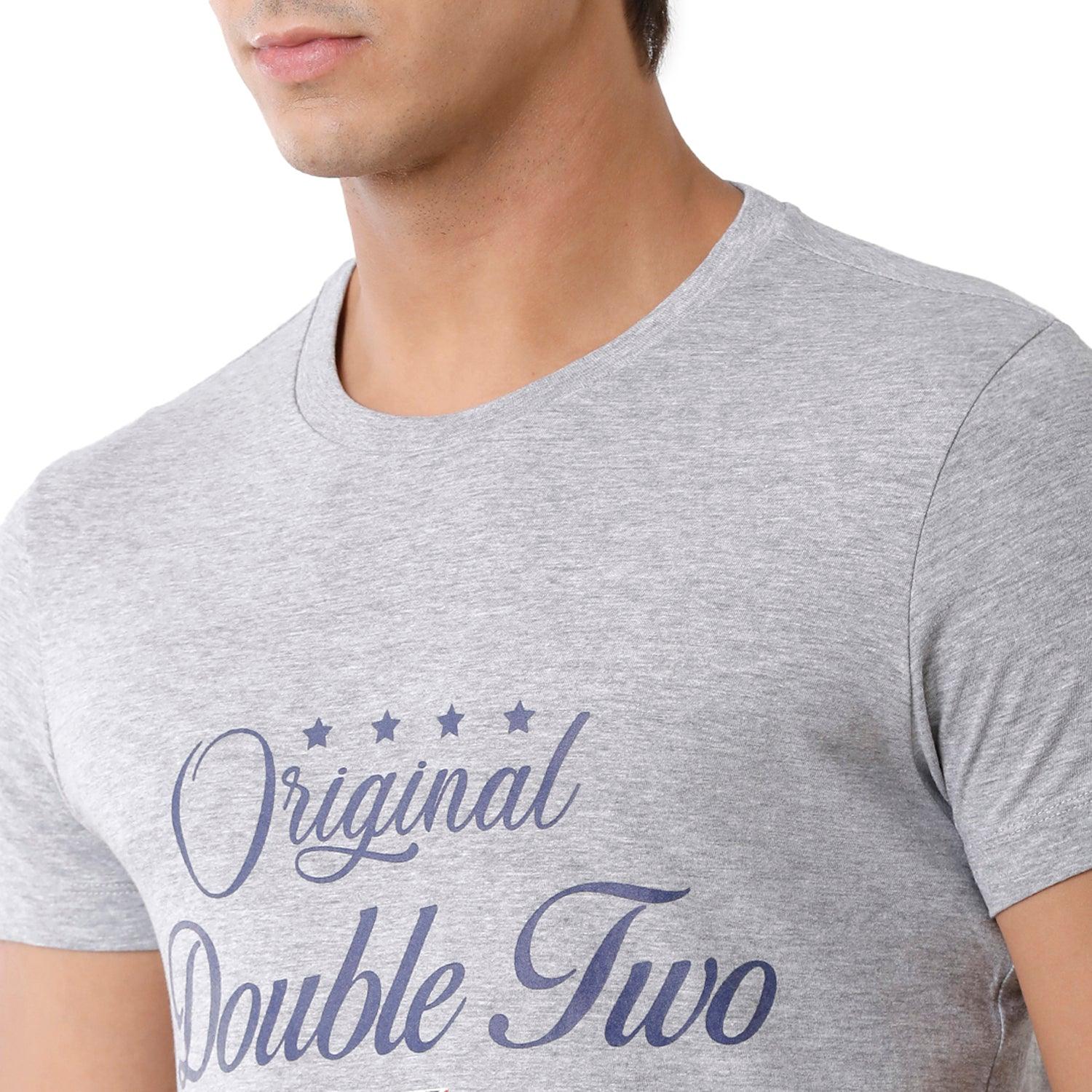 Double Two Printed Crew Neck Grey T-Shirt