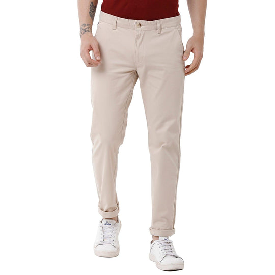 Beige Solid Trouser Slim Fit
