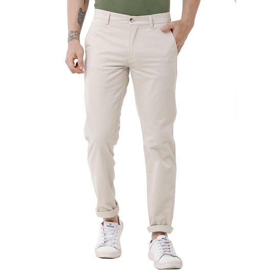 Cream Solid Trouser Slim Fit