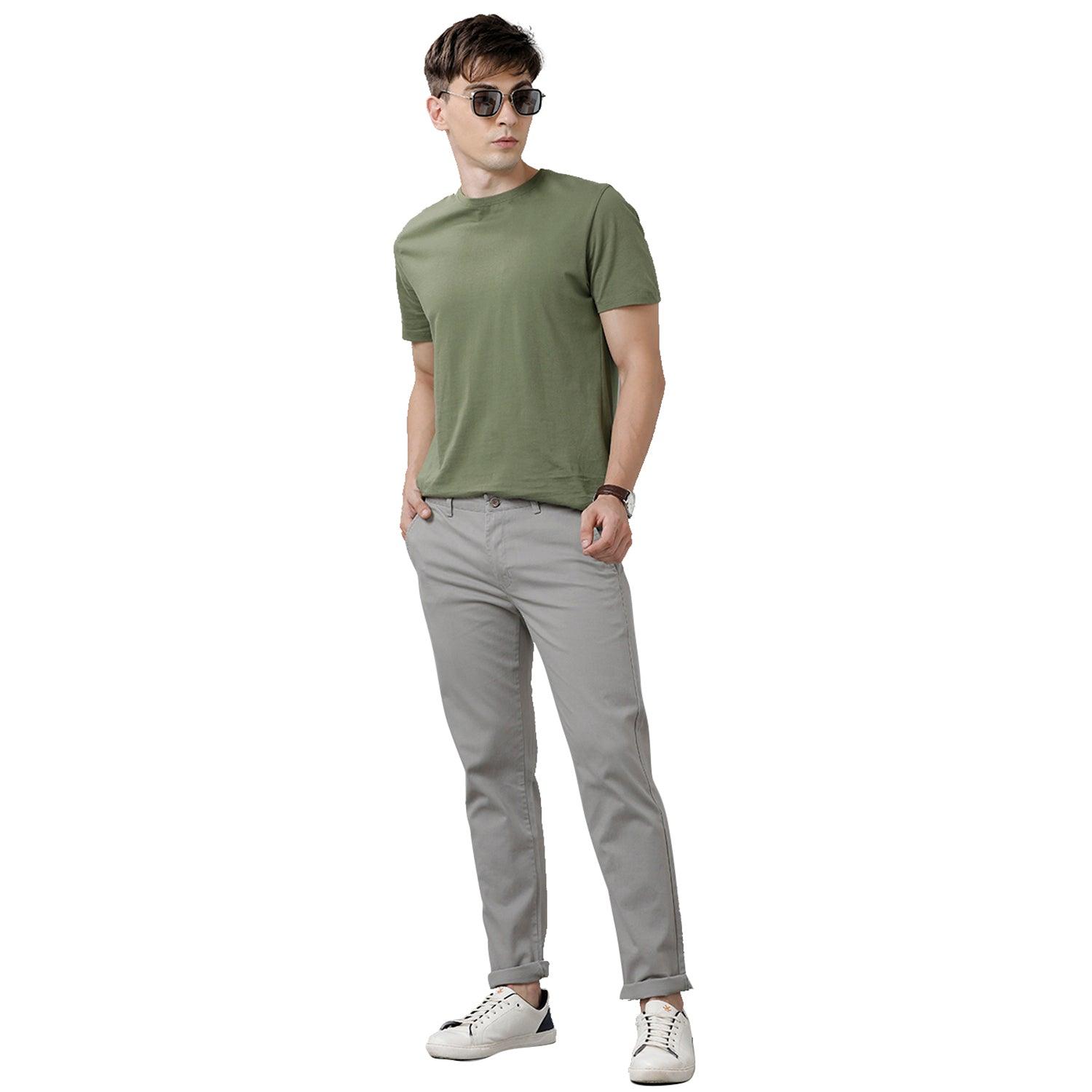 Mid Grey Solid Trouser Slim Fit - Double Two