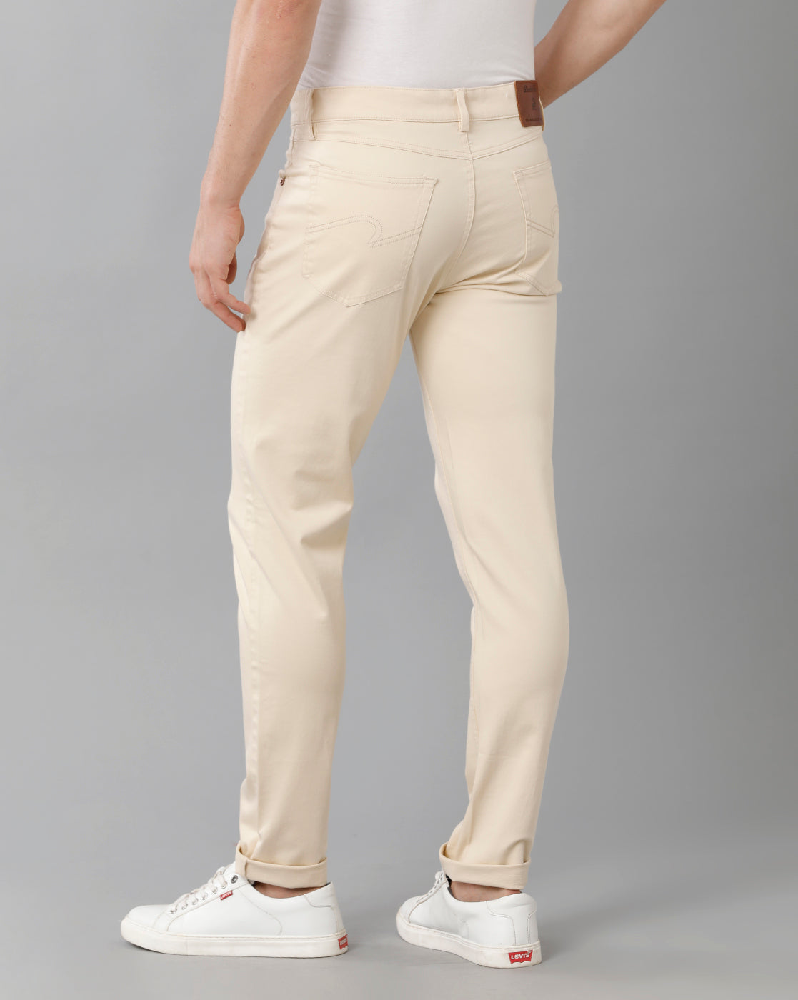 Sand Solid Casual Cotton Trouser Double Two