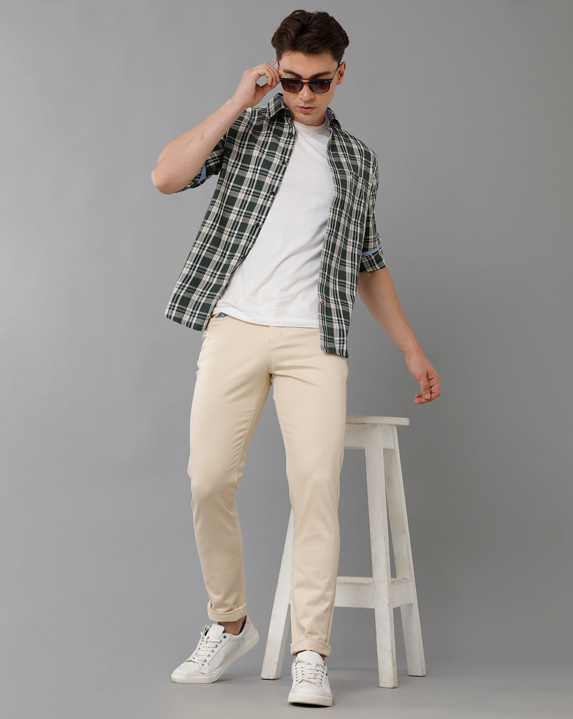 Sand Solid Casual Cotton Trouser Double Two