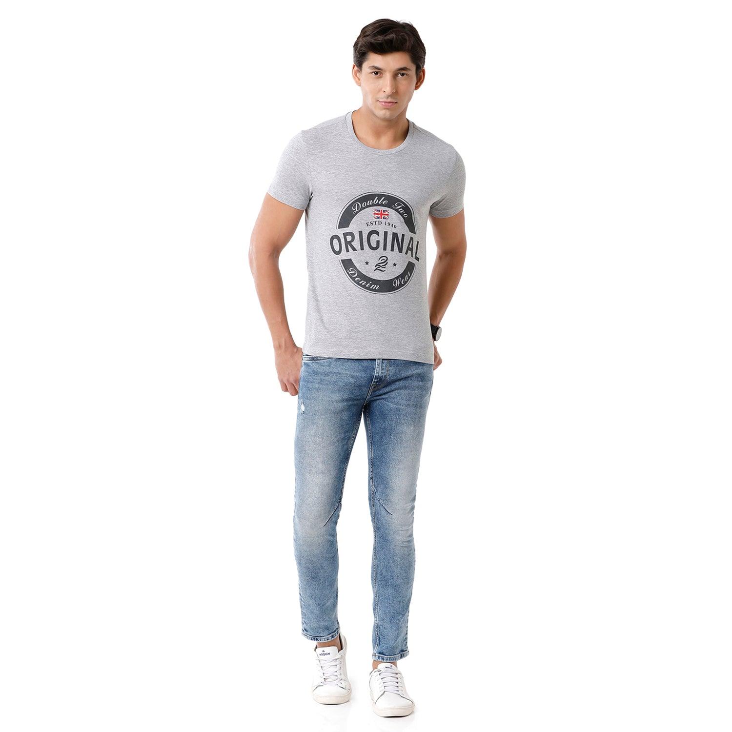 Double Two Printed Crew Neck Grey T-Shirt