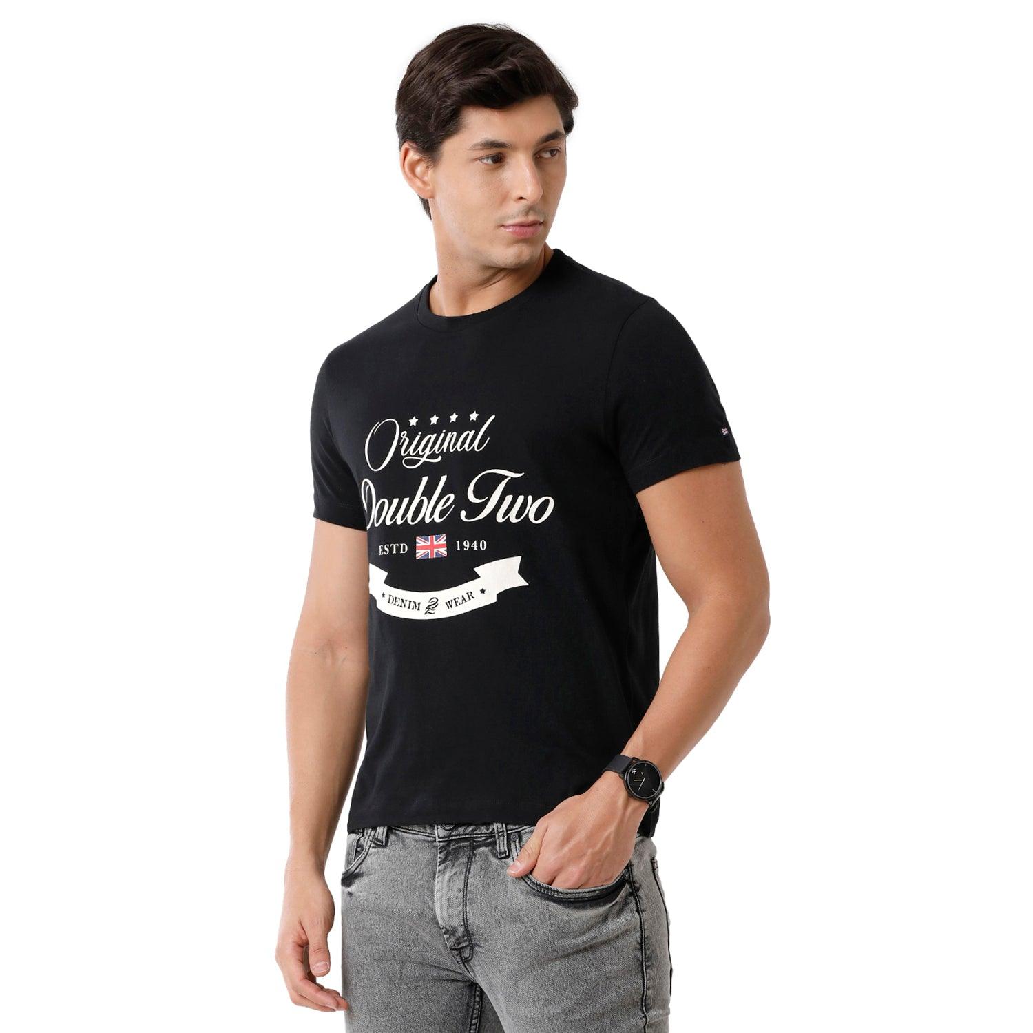 Double Two Printed Crew Neck Black T-Shirt