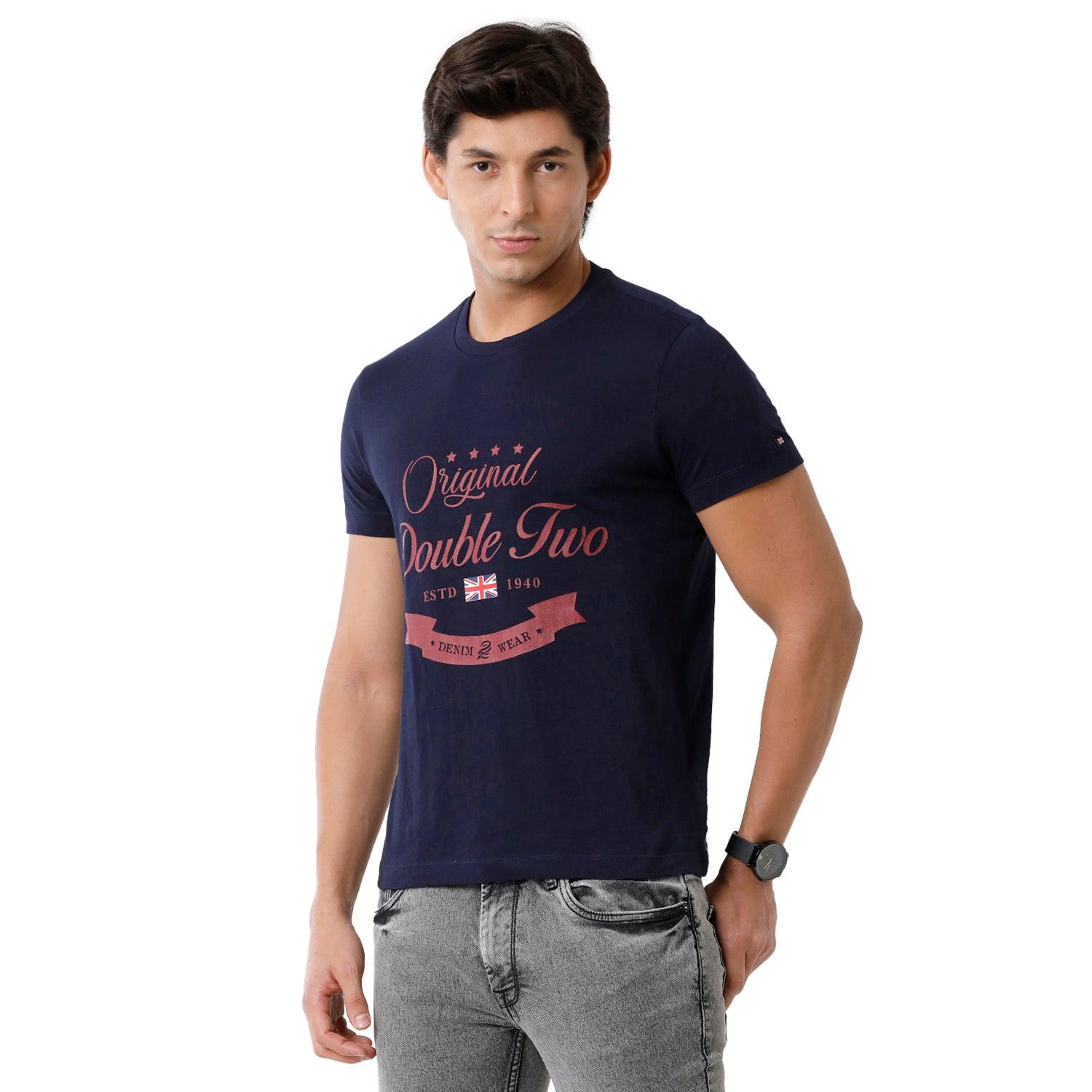Double Two Printed Crew Neck Navy T-Shirt
