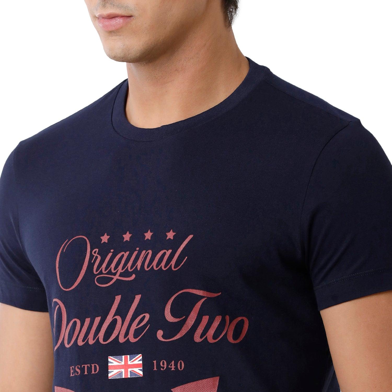 Double Two Printed Crew Neck Navy T-Shirt