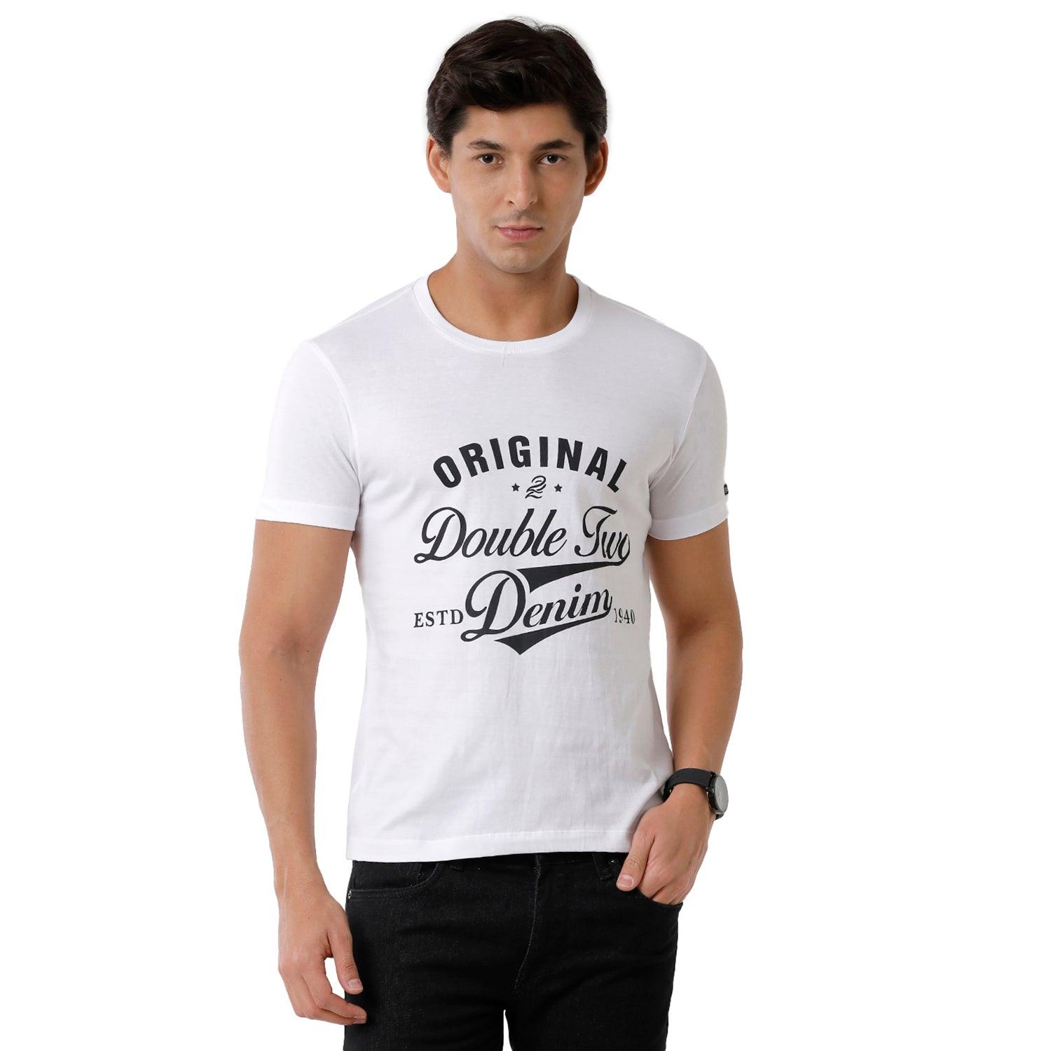 Double Two Printed Crew Neck White T-Shirt