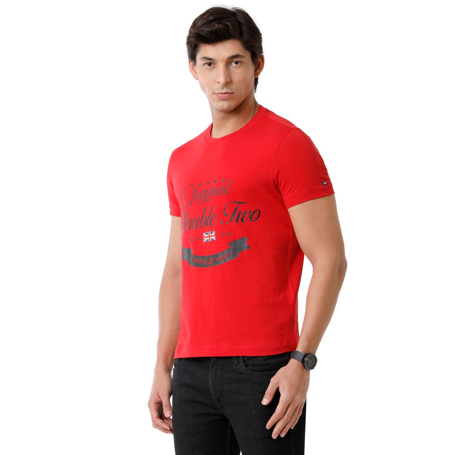 Double Two Printed Crew Neck Red T-Shirt