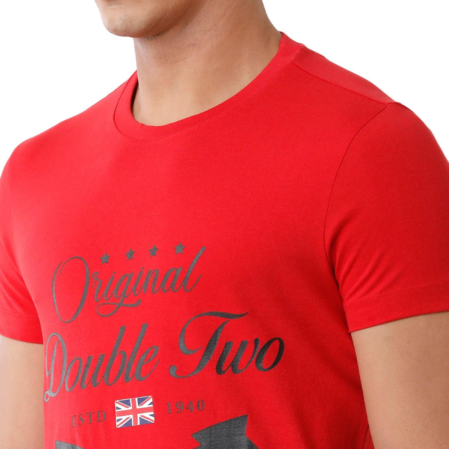 Double Two Printed Crew Neck Red T-Shirt