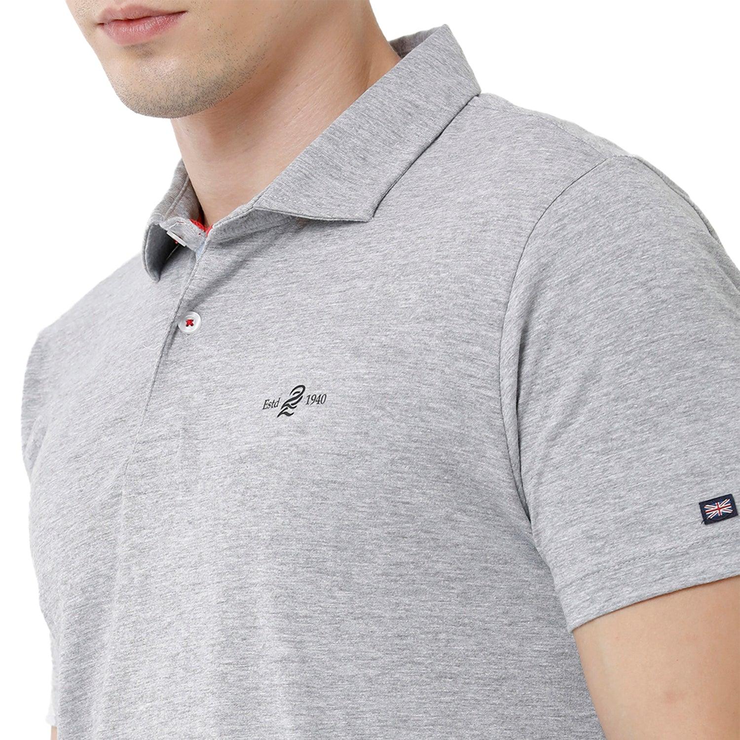 Double Two Solid Polo Neck Grey T-shirt