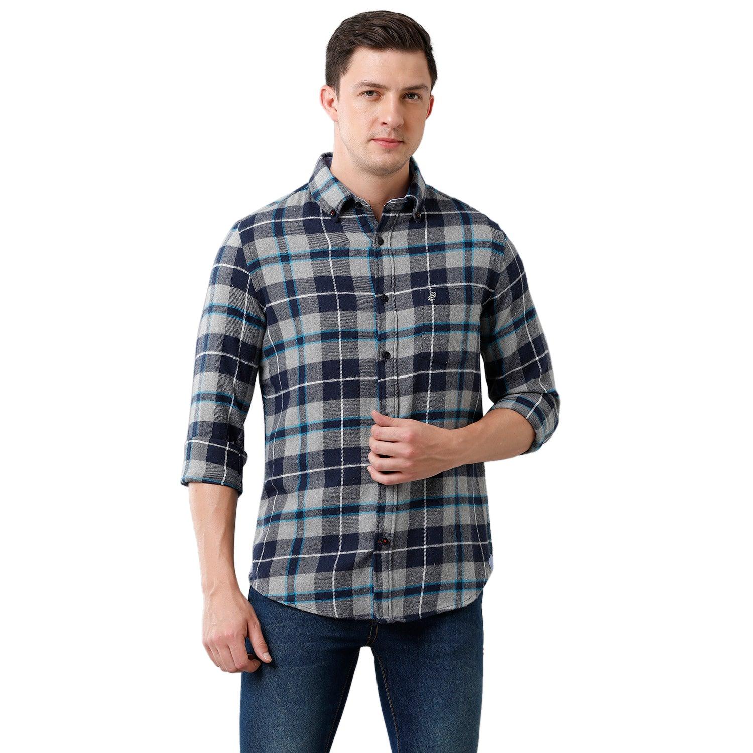 Men Slim Fit Checks Button Down Collar Casual Shirt