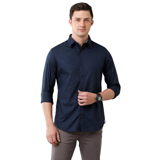 Navy Blue Solid Casual Shirt Slim Fit