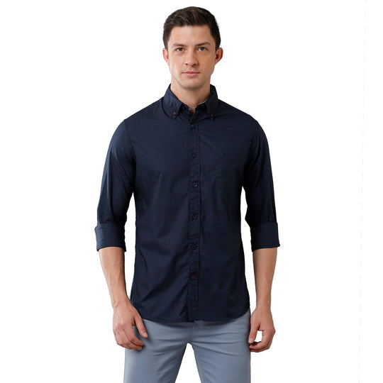 Navy Blue Solid Casual Shirt Slim Fit