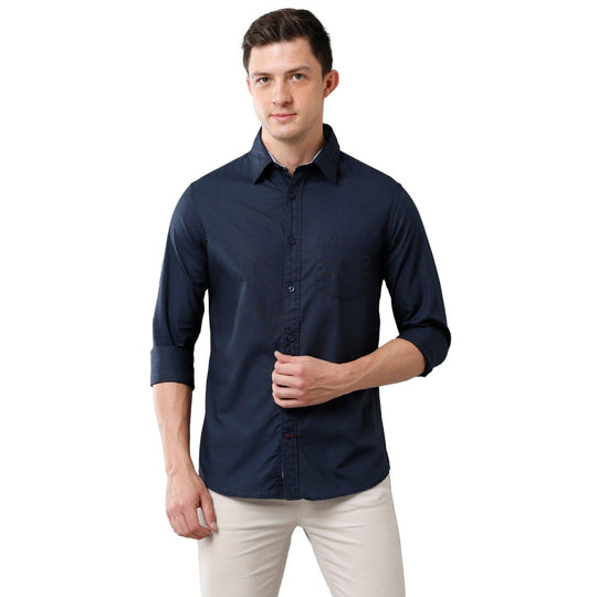 Navy Blue Solid Casual Shirt Slim Fit